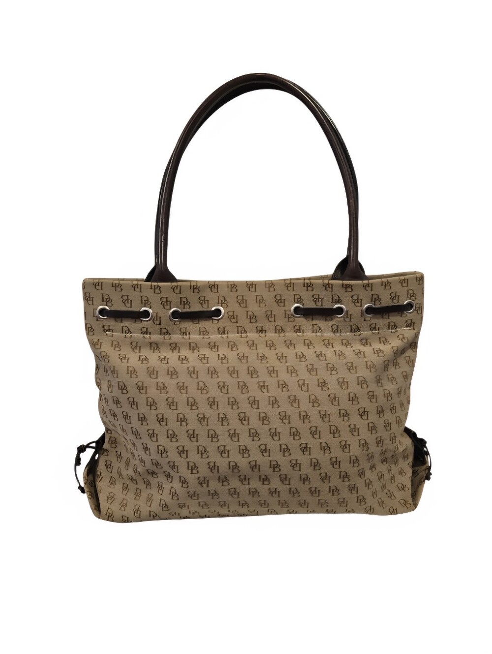 Dooney & Bourke Large Beige Monogram Shoulder Bag with Dark Brown Leather Trim - Picture 2 of 15